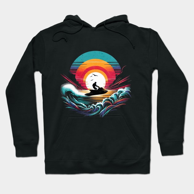 Retro Sunset Jetski Design Hoodie by Miami Neon Designs